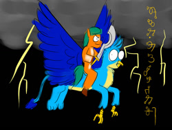 Size: 1024x768 | Tagged: safe, artist:horsesplease, imported from ponybooru, gallus, hitch trailblazer, earth pony, griffon, pony, spoiler:g5, conlang, derp, g5, khopesh, lightning, ponies riding griffons, rabydosverse, riding, sarmelonid, sword, vozonid, weapon