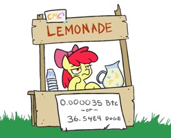 Size: 1002x806 | Tagged: safe, artist:jargon scott, imported from ponybooru, apple bloom, earth pony, pony, bitcoin, bow, cup, female, filly, hair bow, juice, lemonade, lemonade stand, lidded eyes, pitcher, raised hoof, raised leg, sign, solo, unamused