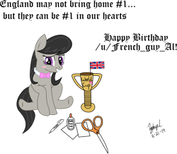 Size: 2631x2280 | Tagged: safe, artist:dash-o-salt, imported from derpibooru, octavia melody, earth pony, pony, bashful, blushing, england, flag, football, glue, paper, pen, scissors, simple background, smiling, solo, sports, text, transparent background, trophy, united kingdom, world cup