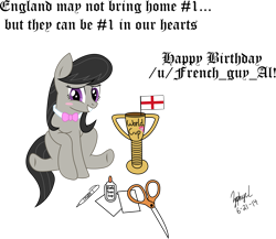 Size: 2631x2280 | Tagged: safe, alternate version, artist:dash-o-salt, imported from derpibooru, octavia melody, earth pony, pony, bashful, blushing, england, flag, football, glue, paper, pen, scissors, simple background, smiling, solo, sports, text, transparent background, trophy, world cup