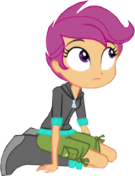 Size: 768x1000 | Tagged: safe, edit, edited screencap, imported from derpibooru, screencap, scootaloo, equestria girls, rainbow rocks, background removed, boots, clothes, female, hoodie, kneeling, looking up, not a vector, shoes, shorts, sitting, solo