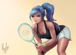 Size: 1268x923 | Tagged: safe, artist:magfen, imported from derpibooru, izzy moonbow, human, breasts, cleavage, clothes, female, g5, holding, humanized, jewelry, necklace, ponytail, signature, skirt, solo, sweat, tanktop, tennis racket, wristband