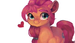 Size: 1000x580 | Tagged: safe, artist:juliana1arts, imported from derpibooru, sunny starscout, earth pony, pony, braid, female, g5, heart, looking at you, mare, simple background, smiling, solo, white background