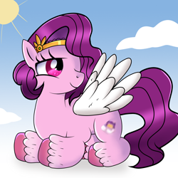 Size: 3000x3000 | Tagged: safe, artist:doraeartdreams-aspy, imported from derpibooru, pipp petals, pegasus, pony, cloud, female, g5, high res, looking back, mare, pipp, sky, smiling, solo, sun, unshorn fetlocks, wings