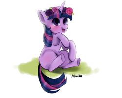 Size: 3070x2480 | Tagged: safe, artist:hikarinohibana, imported from derpibooru, twilight sparkle, pony, unicorn, blank flank, blushing, cute, female, filly, filly twilight sparkle, floral head wreath, flower, high res, missing cutie mark, open mouth, simple background, sitting, solo, transparent background, twiabetes, unicorn twilight, younger