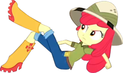 Size: 1600x955 | Tagged: safe, edit, edited screencap, imported from derpibooru, screencap, apple bloom, human, eqg summertime shorts, equestria girls, the canterlot movie club, angry, background removed, belt, boots, clothes, cropped, female, hat, jeans, not a vector, pants, rain boots, safari hat, shirt, shoes, solo