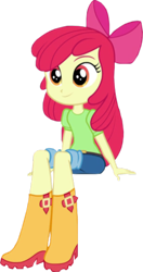 Size: 846x1600 | Tagged: safe, edit, edited screencap, imported from derpibooru, screencap, apple bloom, human, equestria girls, friendship games, apple bloom's bow, background removed, belt, boots, bow, clothes, female, hair bow, jeans, not a vector, pants, rain boots, shirt, shoes, sitting, smiling, solo