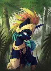 Size: 2061x2864 | Tagged: safe, artist:hitbass, imported from derpibooru, oc, oc only, pony, unicorn, collar, helmet, hoof shoes, horn, horn jewelry, jewelry, jungle, palm tree, plume, solo, tree