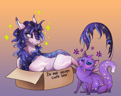 Size: 2000x1591 | Tagged: safe, artist:tri-edge, imported from derpibooru, oc, oc only, cat, kirin, pony, :3, angry, behaving like a cat, box, cardboard box, collar, cute, frown, glare, gradient background, if i fits i sits, kirin oc, lying down, ocbetes, pony in a box, prone, smiling, smirk, solo, sparkles