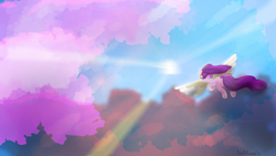 Size: 1920x1080 | Tagged: safe, artist:davierocket, imported from derpibooru, pipp petals, pegasus, pony, flying, flying away, g5, lens flare, pipp, sky, solo, spread wings, wings