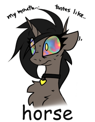Size: 1500x1919 | Tagged: safe, artist:fenixdust, imported from derpibooru, oc, oc only, oc:ivy, pony, unicorn, chest fluff, choker, colored sclera, comic sans, don't do drugs, female, floppy ears, high, mare, shoulder fluff, simple background, solo, text, tripping balls, white background, wide eyes