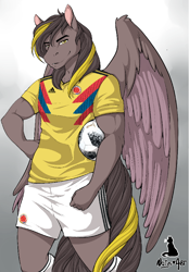 Size: 628x900 | Tagged: safe, artist:natysanime, imported from derpibooru, oc, oc only, oc:zeus, anthro, pegasus, adidas, clothes, colombia, commission, digital art, fifa, football, gradient background, hand on hip, lidded eyes, looking at you, male, shirt, shorts, smiling, soccer ball (object), solo, sports, wings, world cup
