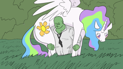 Size: 1280x720 | Tagged: safe, artist:happy harvey, imported from derpibooru, princess celestia, oc, oc:anon, alicorn, human, pony, blushing, butt, carrying, chest hair, colored pupils, drawn on phone, embarrassed, female, fireman carry, grass, holding a pony, looking down, male, mare, no pupils, phone drawing, plot, ponified animal photo, role reversal, spread wings, strong, sunbutt, wings