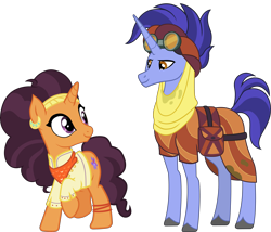 Size: 8070x6902 | Tagged: safe, artist:koolfrood, artist:outlaw4rc, artist:outlawquadrant, edit, imported from derpibooru, hoo'far, saffron masala, pony, saddle arabian, unicorn, road to friendship, spice up your life, absurd resolution, bag, bandana, chef, clothes, duo, ear piercing, female, goggles, indian, male, piercing, raised hoof, saddle bag, saf'far, shipping, simple background, stallion, straight, sweat, transparent background, typo in the description, vector