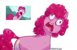 Size: 1024x663 | Tagged: safe, artist:pigeorgien, edit, edited screencap, imported from derpibooru, screencap, pinkie pie, earth pony, pony, too many pinkie pies, derp, female, gasp, mare, pinkie being pinkie, pinkie frogmouth, pinkie pie is best facemaker, ponk, redraw, scene interpretation, screencap reference, solo