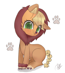 Size: 3232x3647 | Tagged: safe, artist:choyamy, imported from derpibooru, applejack, earth pony, pony, animal costume, applelion, clothes, costume, cute, female, high res, jackabetes, mare, simple background, solo, tongue out, white background