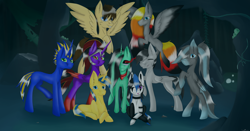 Size: 8000x4176 | Tagged: safe, artist:ginnythequeen, imported from derpibooru, oc, alicorn, earth pony, pegasus, pony, unicorn, group