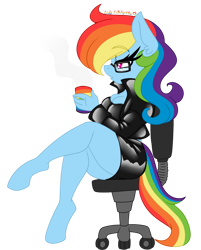 Size: 1280x1595 | Tagged: safe, artist:ladylullabystar, imported from derpibooru, rainbow dash, anthro, unguligrade anthro, breasts, busty rainbow dash, chair, clothes, glasses, jacket, latex, latex skirt, sexy, shorts, simple background, skirt, solo, stupid sexy rainbow dash, transparent background