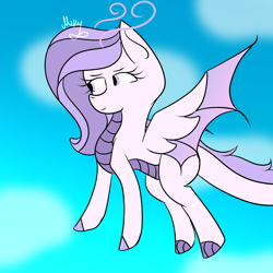 Size: 2000x2000 | Tagged: safe, artist:thecommandermiky, imported from derpibooru, oc, oc only, oc:commander miky, dracony, dragon, hybrid, pony, flying, hybrid wings, sky, solo, wings