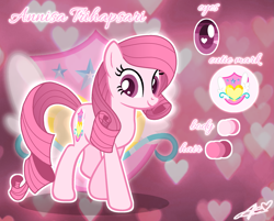 Size: 1951x1568 | Tagged: safe, artist:muhammad yunus, artist:tanahgrogot, imported from derpibooru, oc, oc only, oc:annisa trihapsari, earth pony, pony, base used, cutie mark, deviantart, earth pony oc, female, heart, heart background, heart eyes, looking at you, mare, medibang paint, not rarity, pink background, pink body, pink hair, simple background, smiling, solo, vector, wingding eyes