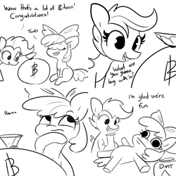 Size: 2400x2400 | Tagged: safe, artist:tjpones, imported from derpibooru, apple bloom, scootaloo, earth pony, pegasus, pony, :i, bitcoin, black and white, bong, comic, dmt, drugs, duo, female, filly, grayscale, lying down, money, monochrome, on back, simple background, white background