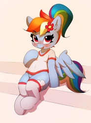 Size: 1965x2654 | Tagged: safe, artist:pabbley, imported from derpibooru, imported from ponybooru, rainbow dash, pegasus, pony, alternate hairstyle, blushing, clothes, cute, dashabetes, ear fluff, ears, female, flower, flower in hair, human shoulders, lidded eyes, looking at you, mare, open mouth, shirt, sitting, smiling, socks, solo, stockings, thigh highs