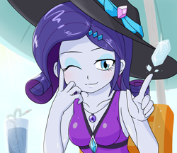 Size: 1480x1280 | Tagged: safe, artist:batipin, imported from derpibooru, rarity, equestria girls, beach hat, beautiful, breasts, busty rarity, cleavage, clothes, female, geode of shielding, hat, looking at you, magical geodes, multiple variants, one eye closed, rarity's purple bikini, solo, sun hat, swimsuit, wink