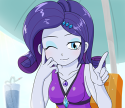 Size: 1480x1280 | Tagged: safe, alternate version, artist:batipin, imported from derpibooru, rarity, equestria girls, breasts, busty rarity, cleavage, clothes, female, geode of shielding, looking at you, magical geodes, multiple variants, solo, swimsuit