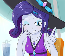 Size: 1480x1280 | Tagged: safe, alternate version, artist:batipin, imported from derpibooru, rarity, equestria girls, beach hat, breasts, busty rarity, cleavage, clothes, female, geode of shielding, hat, looking at you, magical geodes, multiple variants, one eye closed, rarity's purple bikini, solo, sun hat, swimsuit