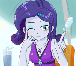 Size: 1480x1280 | Tagged: safe, alternate version, artist:batipin, imported from derpibooru, rarity, equestria girls, breasts, busty rarity, cleavage, clothes, drink, drinking straw, female, gem, geode of shielding, glass, looking at you, magical geodes, multiple variants, one eye closed, solo, swimsuit, wink