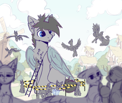 Size: 4724x4000 | Tagged: safe, artist:dorkmark, imported from derpibooru, oc, alicorn, earth pony, pegasus, pony, unicorn, absurd resolution, chest fluff, commission, commission open, windmill, ych sketch, your character here