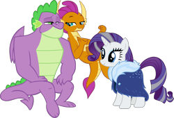 Size: 6780x4615 | Tagged: safe, artist:cloudy glow, artist:cloudyglow, artist:memnoch, edit, imported from derpibooru, rarity, smolder, spike, dragon, pony, unicorn, the last problem, bags under eyes, bedroom eyes, clothes, dragoness, duo, eyeshadow, female, fur coat, gigachad spike, grey hair, group sex, harem, heart, makeup, male, mare, older, older rarity, older smolder, older spike, polyamory, robe, sex, shipping, simple background, sitting, skunk stripe, smiling, sparity, spolder, straight, threesome, transparent background, trio, vector, winged spike, wings