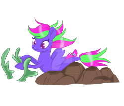 Size: 1280x1098 | Tagged: safe, artist:ccsartstuff, imported from derpibooru, oc, oc only, seapony (g4), clothes, deviantart watermark, dorsal fin, fin wings, fish tail, flowing mane, flowing tail, obtrusive watermark, purple eyes, rock, seaweed, see-through, simple background, smiling, solo, tail, transparent background, watermark, wings