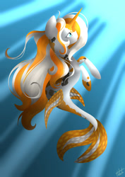 Size: 1447x2039 | Tagged: safe, artist:animeglaceon, imported from derpibooru, oc, oc only, merpony, pony, seapony (g4), unicorn, blue eyes, dorsal fin, female, fins, fish tail, flowing mane, flowing tail, horn, long mane, looking up, ocean, seaponified, solo, species swap, tail, underwater, water