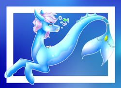 Size: 2692x1944 | Tagged: safe, artist:ponypuu, imported from derpibooru, oc, oc only, fish, merpony, seapony (g4), blue background, bubble, fins, fish tail, open mouth, pink mane, red eyes, signature, simple background, smiling, solo, speedpaint, swimming, tail, underwater, water