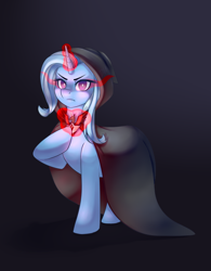 Size: 1359x1740 | Tagged: safe, artist:xuczio, imported from derpibooru, trixie, magic duel, alicorn amulet, cloak, clothes, glowing eyes, glowing horn, hooded cloak, horn