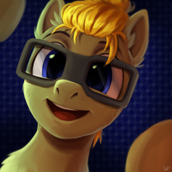 Size: 2480x2480 | Tagged: safe, artist:loonya, imported from derpibooru, oc, oc only, oc:donnik, pegasus, pony, abstract background, bun, glasses, looking at you, open mouth, pegasus oc, smiling, solo, tied hair, wings