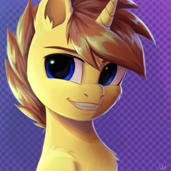 Size: 2480x2480 | Tagged: safe, artist:loonya, imported from derpibooru, oc, oc only, oc:sugar pie, pony, unicorn, abstract background, bust, chest fluff, ear fluff, grin, horn, looking at you, male, smiling, smug, solo, solo male, stallion, unicorn oc