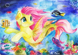 Size: 1188x844 | Tagged: safe, artist:lailyren, imported from derpibooru, fluttershy, pegasus, pony, seapony (g4), coral, cute, female, fin wings, fish tail, flowing mane, flowing tail, green eyes, ocean, seaponified, seapony fluttershy, seaweed, shyabetes, signature, smiling, solo, species swap, swimming, tail, traditional art, underwater, water, watercolor painting, watershy, wings