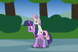 Size: 1280x854 | Tagged: safe, artist:platinumdrop, imported from derpibooru, sweetie belle, twilight sparkle, pony, unicorn, duo, duo female, female, filly, mare, ponies riding ponies, request, riding, sitting, sweetie belle riding twilight, tree, unicorn twilight, walking