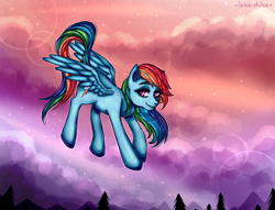 Size: 1224x936 | Tagged: safe, artist:lelka-philka, imported from derpibooru, rainbow dash, pegasus, pony, bedroom eyes, cloud, female, flying, mare, solo, tree