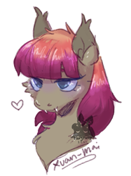 Size: 441x589 | Tagged: safe, artist:proxypixel, imported from derpibooru, oc, oc only, oc:xuan mai, bat pony, pony, bust, heart, solo, watermark