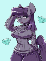 Size: 1200x1600 | Tagged: safe, artist:noupie, imported from derpibooru, maud pie, anthro, earth pony, arm behind head, belly button, blue background, breasts, busty maud pie, clothes, diamond, female, light blue background, open mouth, pants, simple background, solo, sweater, wide hips