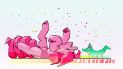 Size: 1920x1080 | Tagged: safe, artist:filly909, artist:imadeus, imported from derpibooru, gummy, pinkie pie, alligator, earth pony, pony, angular, confetti, cutie mark, eyes closed, female, hooves in air, laughing, mare, on back, open mouth, simple background, smiling, upside down, white background