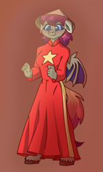 Size: 1625x2698 | Tagged: safe, artist:dr.zombie, imported from derpibooru, oc, oc only, oc:xuan mai, anthro, bat pony, unguligrade anthro, ao dai, asian conical hat, bat wings, conical hat, hat, unshorn fetlocks, vietnam, vietnamese, wings