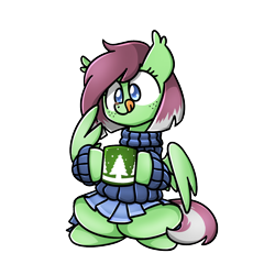 Size: 1240x1240 | Tagged: safe, artist:sugar morning, imported from derpibooru, oc, oc only, oc:watermelon success, pegasus, pony, chocolate, christmas, clothes, food, holiday, licking, licking lips, mug, pleated skirt, simple background, skirt, solo, sweater, tongue out, transparent background