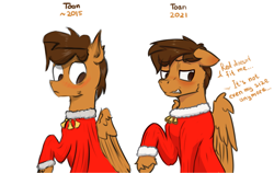 Size: 2073x1306 | Tagged: safe, artist:toanderic, imported from derpibooru, oc, oc only, oc:toanderic, pegasus, pony, 2015, art evolution, bells, blushing, blushing ears, clothes, ear blush, floppy ears, pegasus oc, redraw, sweater, wings