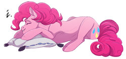 Size: 1280x603 | Tagged: safe, artist:1an1, imported from derpibooru, pinkie pie, earth pony, pony, cute, diapinkes, eyes closed, female, lying down, mare, onomatopoeia, pillow, profile, prone, simple background, sleeping, smiling, solo, sound effects, white background, z, zzz