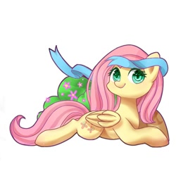 Size: 590x590 | Tagged: safe, artist:leafywind, imported from derpibooru, fluttershy, pegasus, pony, blushing, bush, cute, daaaaaaaaaaaw, lying down, prone, ribbon, shyabetes, simple background, solo, white background