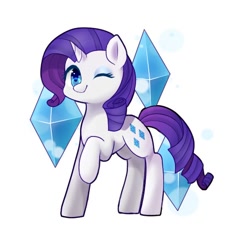 Size: 590x590 | Tagged: safe, artist:leafywind, imported from derpibooru, rarity, pony, unicorn, cutie mark background, diamond, one eye closed, simple background, solo, white background, wink